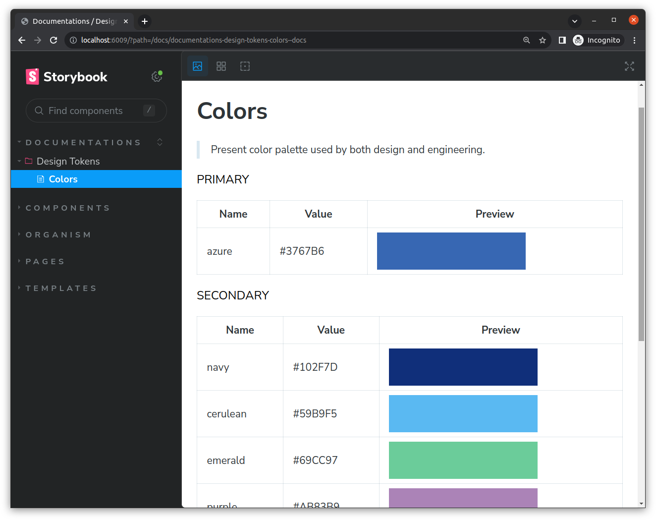 Documentation Design Tokens Colors