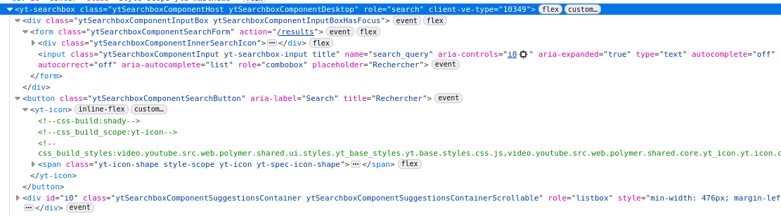 Structure HTML de la barre de recherche YouTube, inspectée dans l'outil développeur