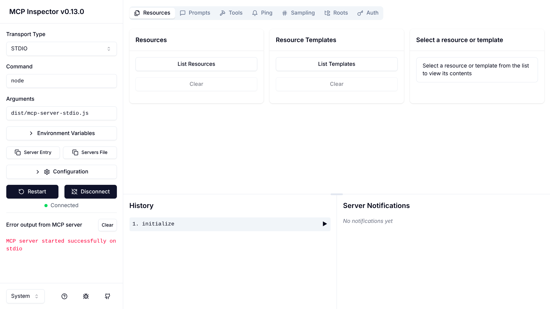 Interface de l'inspecteur MCP