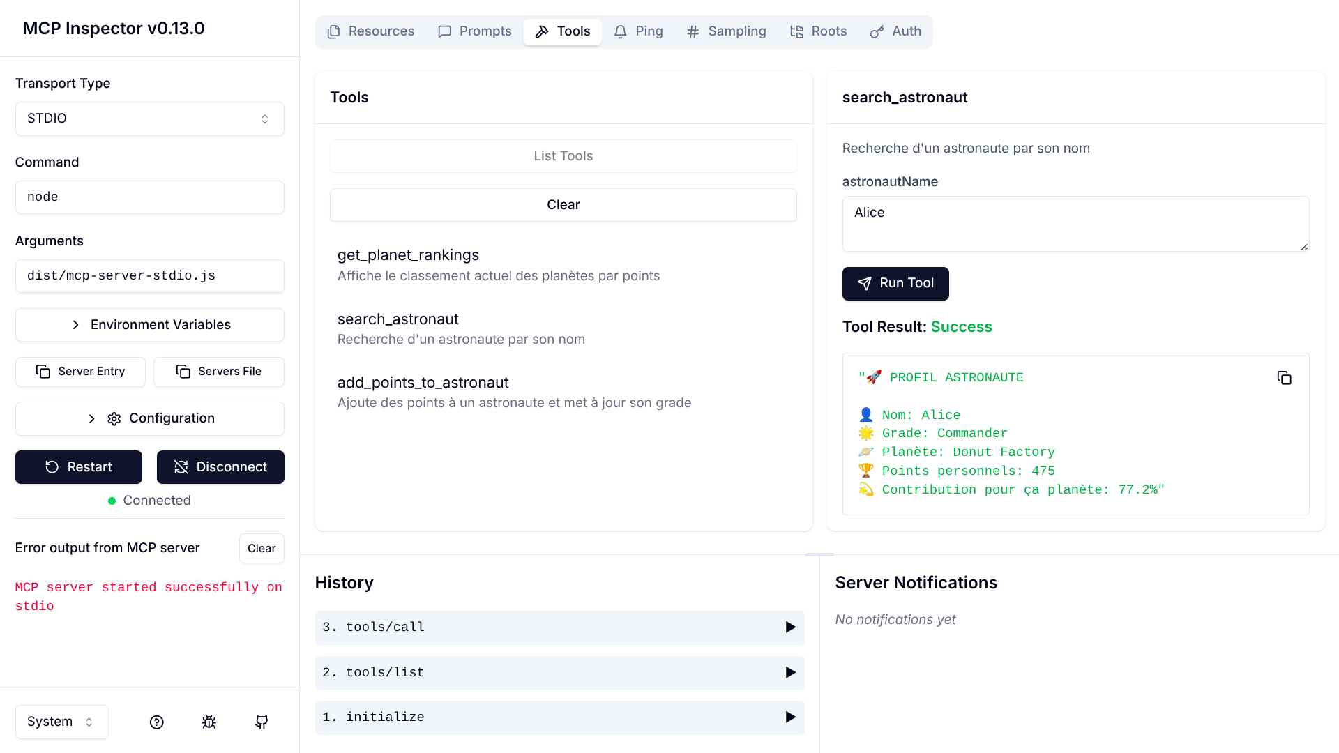 Test d'un tool dans l'inspecteur