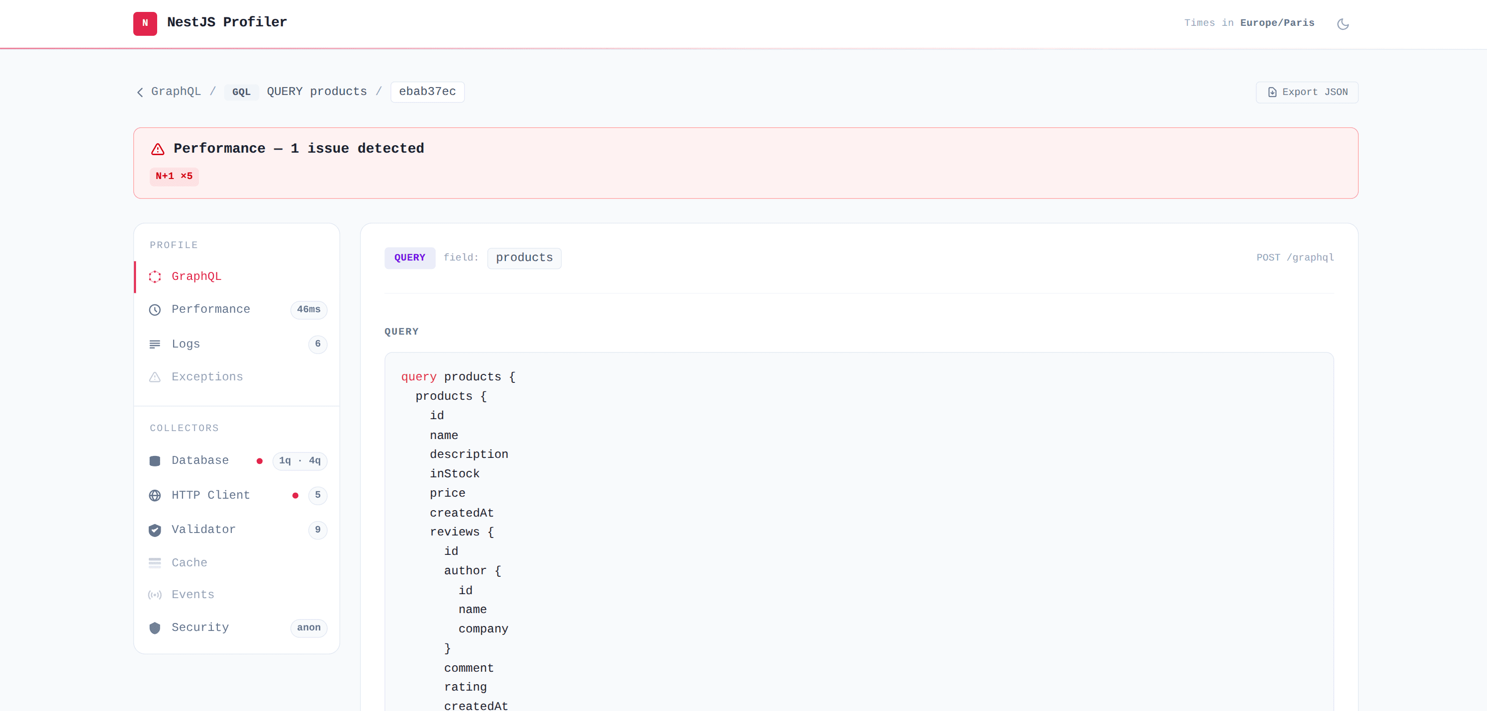 Profil de la query GraphQL products dans NestJS Profiler, avec les tags N plus un sur MongoDB et les appels HTTP